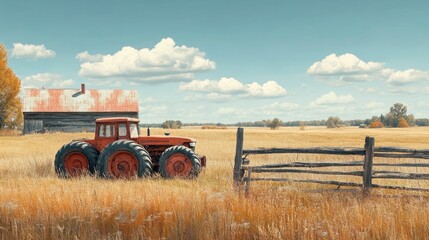 Fototapeta premium Rustic Charm: A Vintage Tractor in a Golden Field