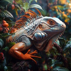 Fototapeta premium Iguana in lush jungle wildlife photography tropical environment close-up view nature exploration