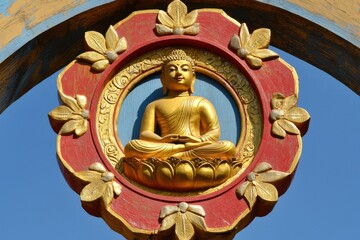 Obraz premium A beautifully crafted golden Buddha figure surrounded by colorful decorative elements, symbolizing peace and enlightenment.