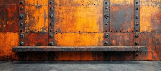 A rustic metal wall with a wooden shelf, showcasing industrial design elements.