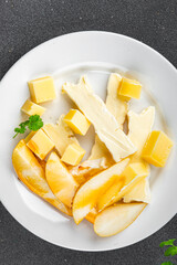 Cheese plate French cheeses fresh tasty food dish delicious gourmet food background on the table rustic food top view copy space