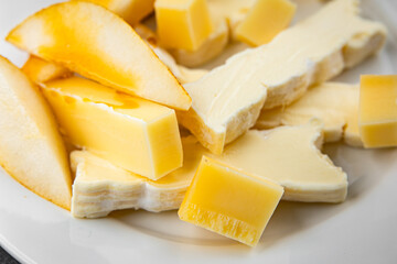 Cheese plate French cheeses fresh tasty food dish delicious gourmet food background on the table rustic food top view copy space