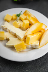 Cheese plate French cheeses fresh tasty food dish delicious gourmet food background on the table rustic food top view copy space