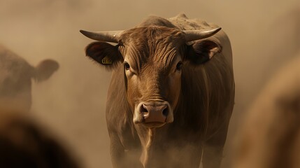 A strong brown cow stands prominently amidst a dusty environment, exuding confidence and calmness against a hazy backdrop.