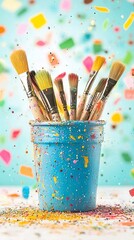 Fototapeta premium A colorful arrangement of paintbrushes in a blue bucket, surrounded by confetti.