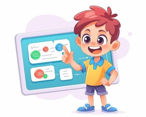 Cheerful young boy in a yellow shirt explains concepts with enthusiasm, showcasing a colorful educational interface.