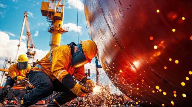 industrial workers welding large metal structure at shipyard with bright sparks and machinery  
