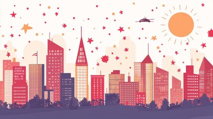 Fototapeta premium A colorful city skyline with stylized buildings, sun, and stars.