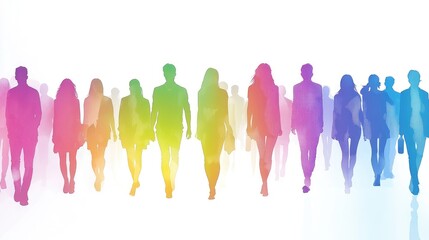 Diverse Silhouettes Walking in Vibrant Rainbow Hues: Unity and Community in Colorful Harmony