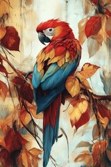 Obraz premium Vibrant Scarlet Macaw in Autumn Foliage: A Colorful Perch