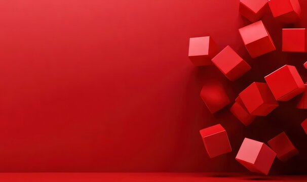 Fototapeta Abstract red cubes scattered on red background.