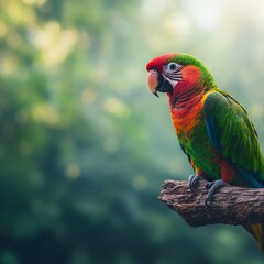 Naklejka premium A colorful parrot perched on a branch amidst a blurred green background.