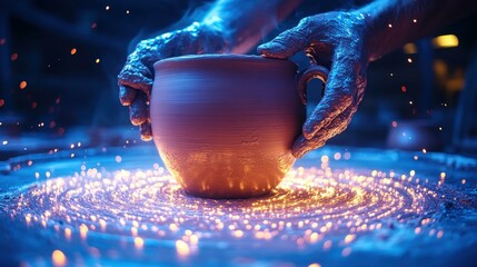 Sound bath Ai singularity Psilocybin therapy Microdosing Hosting core Frequency healing Giftee ko-fi Thesis supplements Dezgo Close-up of blue hands shaping brown clay pot on potter's wheel surrounde