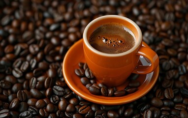Fototapeta premium Coffee cup and coffee beans on golden bokeh background