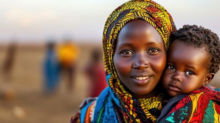 A heartwarming scene depicting a mother lovingly holding her child, surrounded by vibrant colors and natural beauty that conveys deep love and nurturing.
