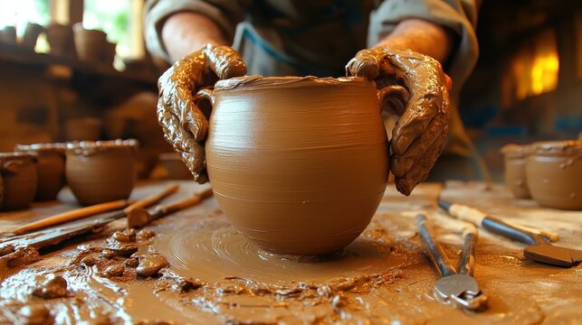 Air dry clay Handmade business Squarespace designer Semantic HTML Thumbnail async Deep work Zenbusiness co-living Grow therapy Hands wearing gloves shaping brown pot on potter's wheel, crafting potte