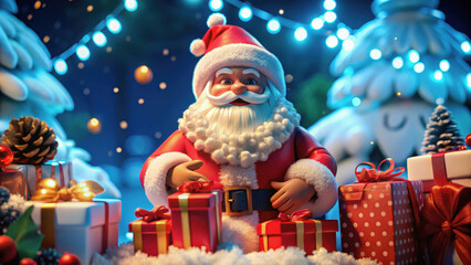 Santa Claus-themed sale display with holiday lights, wrapped gifts, large sale tags, snowy accents, vibrant seasonal colors, enticing Christmas shopping scene