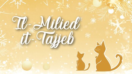 Obraz premium Festive Cat-Themed Christmas Background with Il-Milied it-Tajjeb Wish in Maltese, Featuring Cute Cats and Holiday Cheer