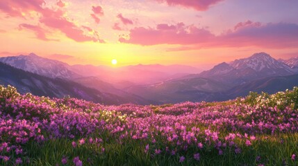 Fototapeta premium A breathtaking landscape featuring a radiant sunset over mountains, framed by vibrant purple flowers in the foreground.