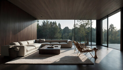 Fototapeta premium Modern living room featuring a light sofa, wooden accents, and large windows with a view of greenery.