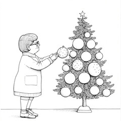 Coloriage d'une Grand-m&egrave;re d&eacute;corant un sapin de No&euml;l avec des boules