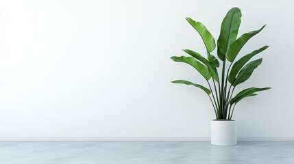 Modern Minimalist Interior with Large Potted Plant Against White Wall