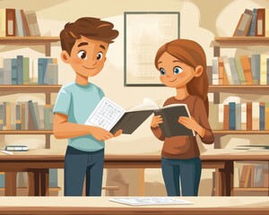 Two young children, a boy and a girl, smiling and sharing books in a cozy library setting.