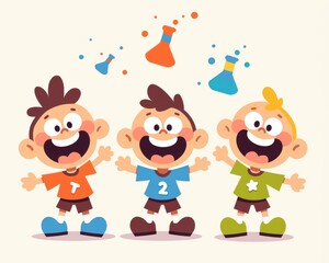 Naklejka premium Three cheerful boys, one with dark hair, one with brown hair, and one with blonde hair, celebrate science with colorful flasks.