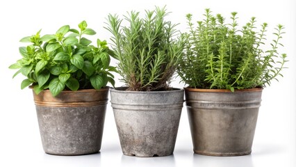 Fototapeta premium Three Potted Herbs Basil, Rosemary, Thyme, Front View, Rustic Pots, White Background, Culinary Herbs Culinary Herbs