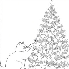 Coloriage d'un Chat d&eacute;corant un sapin de No&euml;l avec des boules