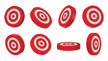 Bullseye targets. Shooting target disc, dartboard icons and circular red and white archery aim symbols various 3D angles isolated vector illustration set. © WinWin