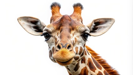Fototapeta premium Giraffe Portrait Close-up Composition, White Background, Gentle Expression, wildlife photography, animal portrait, giraffe Giraffe, wildlife