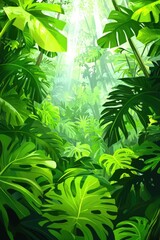 Obraz premium Lush Green Tropical Jungle Foliage with Sunlight Filtering Through Dense Canopy