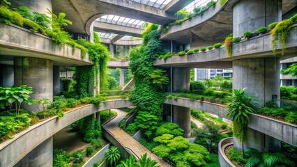 Fototapeta premium Elevated Perspective Concrete Jungle Composition, Lush Greenery and Skylights, Biophilic Design, Architecture Photography. Biophilic architecture, Green building, Vertical garden
