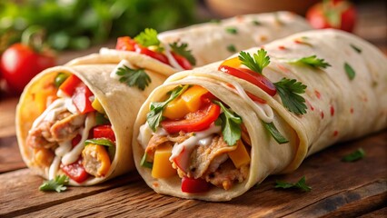 Close-up View Chicken Burrito Composition, Wooden Board Setting, Delicious Mexican Food, Burrito Recipe, Mexican Cuisine. Burrito,Food Photography,Recipe