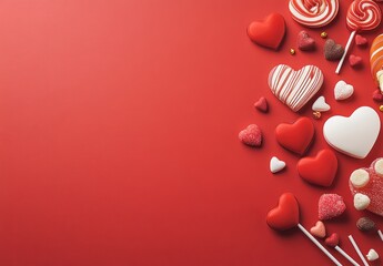 A charming display of red and pink heartshaped candies and colorful lollipops against a vibrant red background, capturing the joyous spirit of Valentines Day and love shared between partners