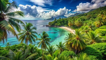 Obraz premium Aerial View of Tropical Beach Lush Palm Trees, Turquoise Waters, and Mountain Scenery, tropical paradise, island getaway, beach landscape