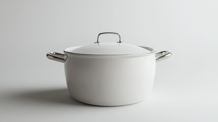 Elegant White Cooking Pot on Light Background, Modern Kitchenware with Stainless Steel Handles for Culinary Use, Stylish Cookware in Contemporary Design