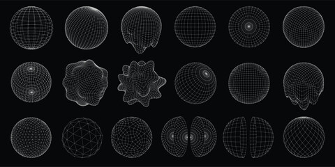 Wireframe 3D sphere mesh grid. Digital ball, abstract circle, distorted and melted geometric spheres with dots connected by lines. Cyber globe and spherical dome vector objects set.