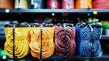 Colorful yarn balls in yellow, orange, red, and blue neatly arranged on black metal racks, ideal for knitting projects, crafts, textile stores, with vibrant hues, cozy atmosphere, and blurred backgro