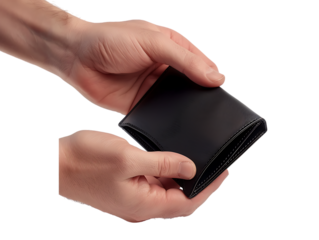 Male Hands Holding an Empty Black Wallet, Isolated on a Transparent Background, Perfect for Finance, Personal, or Lifestyle-Themed Designs