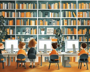 A group of four children, two girls and two boys, working at computers in a cozy library filled with colorful books.