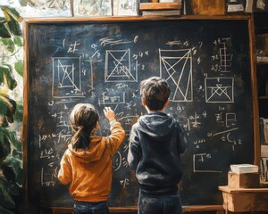 A young girl and boy focused on solving math problems on a chalkboard in a cozy classroom setting.
