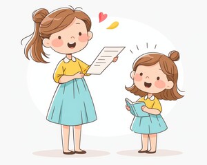 A cheerful young girl and her excited little sister share a joyful moment as they read together.