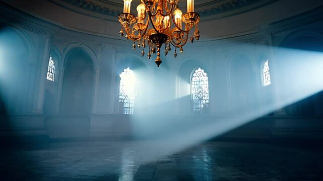 Grand ballroom video empty except a single chandelier gently swaying with dramatic shadows
