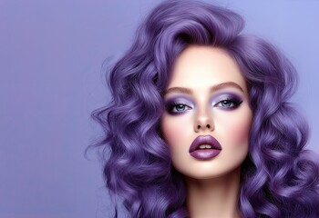Obraz premium A portrait of a woman with voluminous, curly purple hair, bold purple makeup, and striking blue eyes set against a soft lavender background - AI Generated Digital Art.