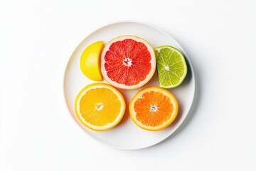 A vibrant display of citrus fruits on a white plate, including grapefruit, orange, lemon, and lime.