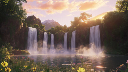 Serene Sunrise over Lush Waterfalls with Alpine Backdrop and Vibrant Wildflowers