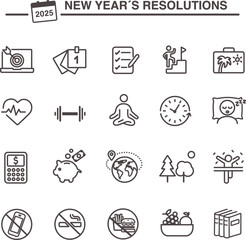 New year´s resolutions icon set. Personal goals, healthy habits. Vector line icons with editable stroke.