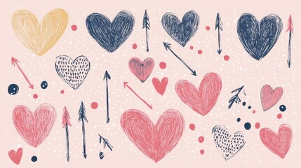 Delightful backdrop features colorful hand-drawn hearts and arrows, perfect for sending heartfelt messages on Valentine's Day. Generative AI